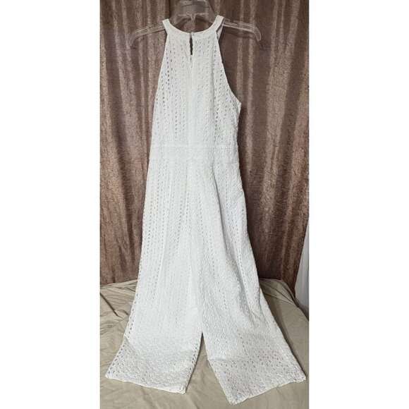 Maison Jules 6 White Eyelet Sleeveless Jumpsuit Halter Neck Cropped Wide Leg - Picture 2 of 11